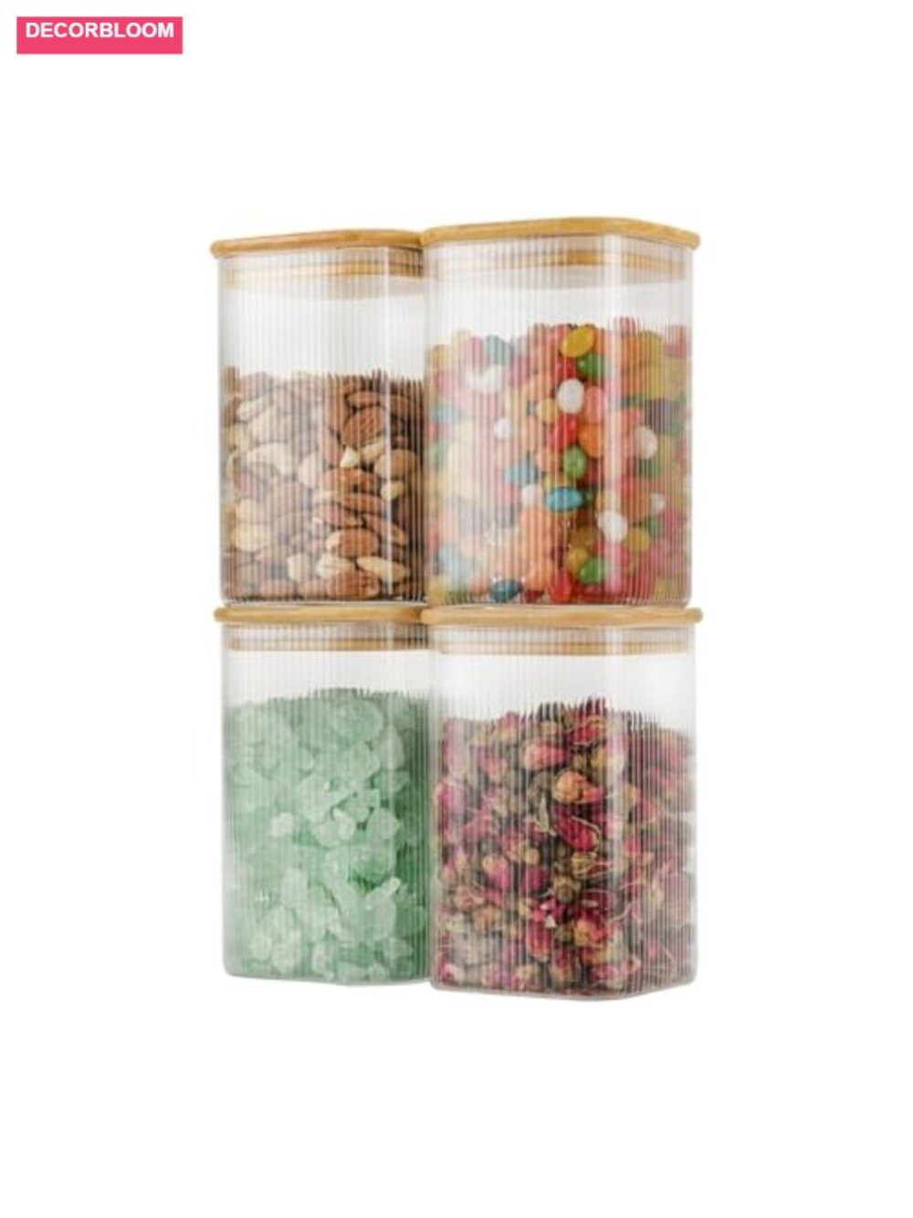 4pk Airtight Glass Square Storage Canisters with Bamboo Lids Striped Stackable